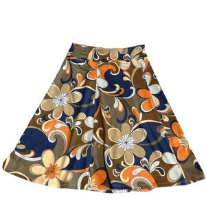 Melika Blue and Khaki Floral Print Midi A-line Skirt Size S